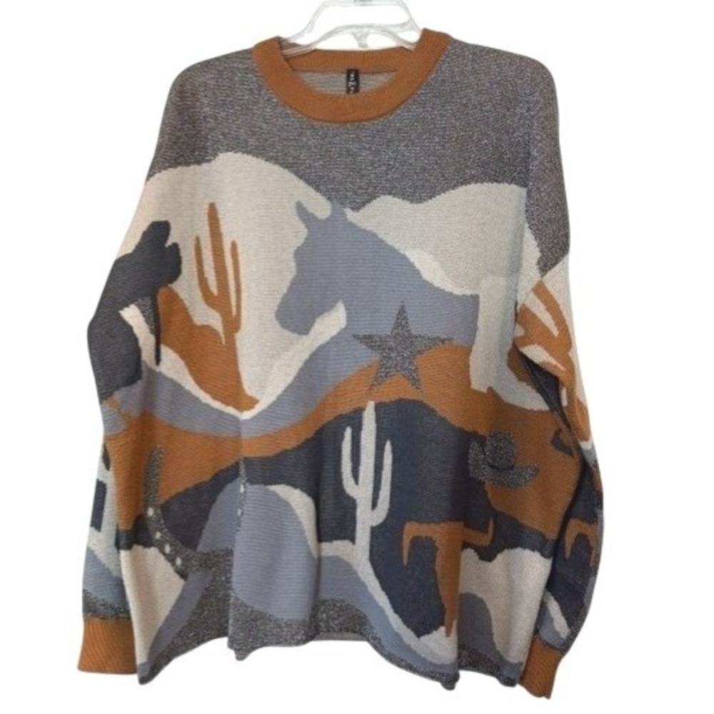 2 Fly Co. 2X/3X Western Desert Horse Cactus Intarsia Sweater Oversized